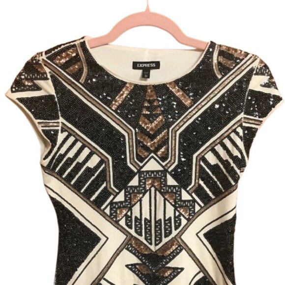 Express Geometric Sequin Bodycon Mini Dress Black White Gold Party/Cocktail XS - Picture 3 of 8